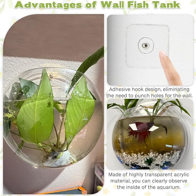 kathson Wall Fish Bowl Acrylic Hanging Aquarium Wall Mounted Bubble Betta Fish Tank Bowl Decor Plant (7.28in)