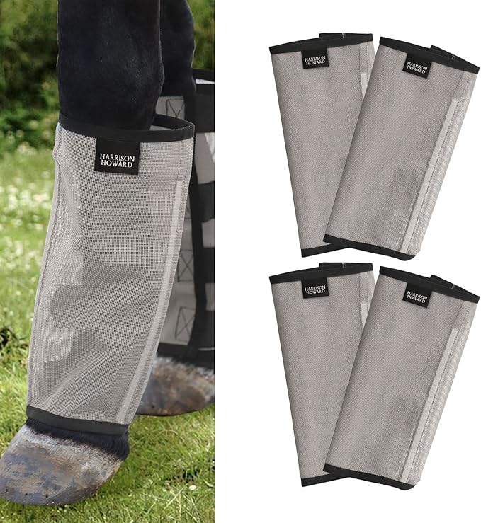 Harrison Howard Loose Fitting Fly Boots UV-Protective Extra Tough Mesh Ventilated Four Fasteners Stay-on Design Protect Horse Legs & Stomp-Reducing Set of 4 Original Grey Yearling