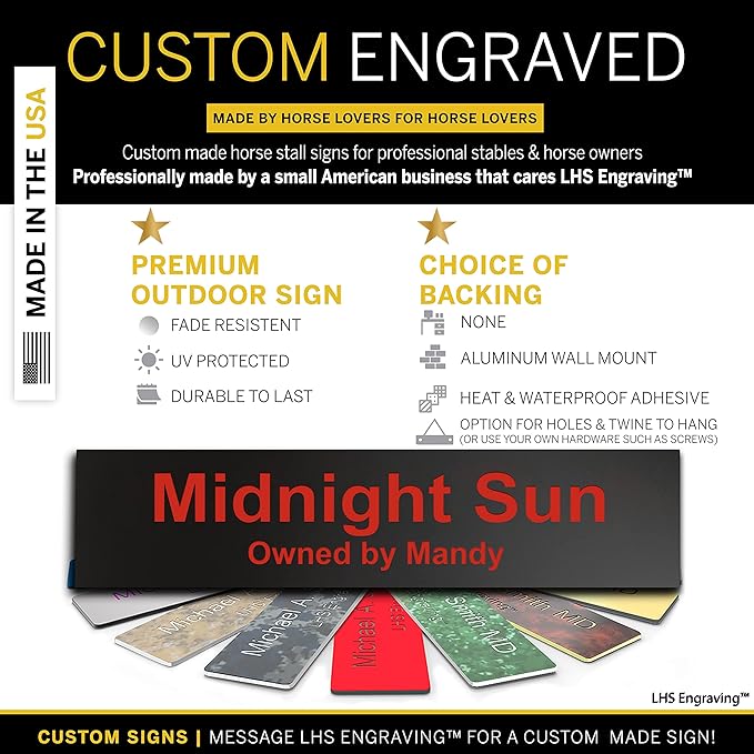 Horse Stall Name Plate, 2x8 Personalized Stall Signs, UV Protected, All Weather Adhesive, Hanging, Mounting or Other, Plastic with Red Letters - Made in USA - B19