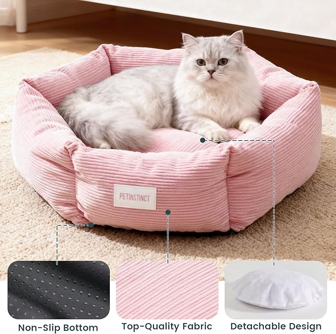 Cat Bed, Washable Orthopedic Cat Beds for Indoor Cats, Soft Donut Calming Pet Bed for Puppy and Kitten with Anti Slip Bottom, Small Dog Bed, 21.7x21.7x5.9 in, Pink