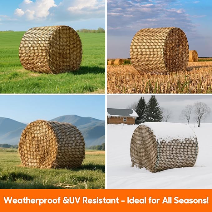 5 x 5 ft Round Bale Hay Net for Horses, with 20 Ropes, Netting Comb, Cable Tie,Large Slow Feed Hay Net， 2" Hole Size， Reduces Hay Waste， for Horses, Goats, Cattle and Livestock