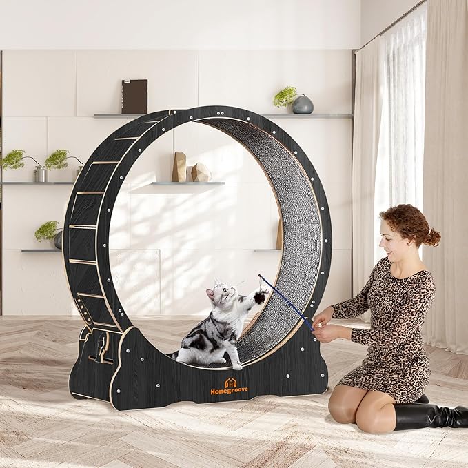 Homegroove Cat Wheels for Indoor Cats, 43" Large Cat Exercise Running Treadmill Wheel with Carpeted Runway for Kitty’s Longer Life, Black(L)