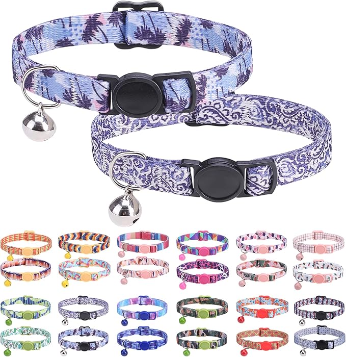 Breakaway Cat Collars for Girl Boy Cats, Spring Summer All Weather Cat Collar Personalized Pattern 2 Pack,Cute Classic Safety Buckles and Bells,Adjustable Printed Nylon Colorful Kitten Collar