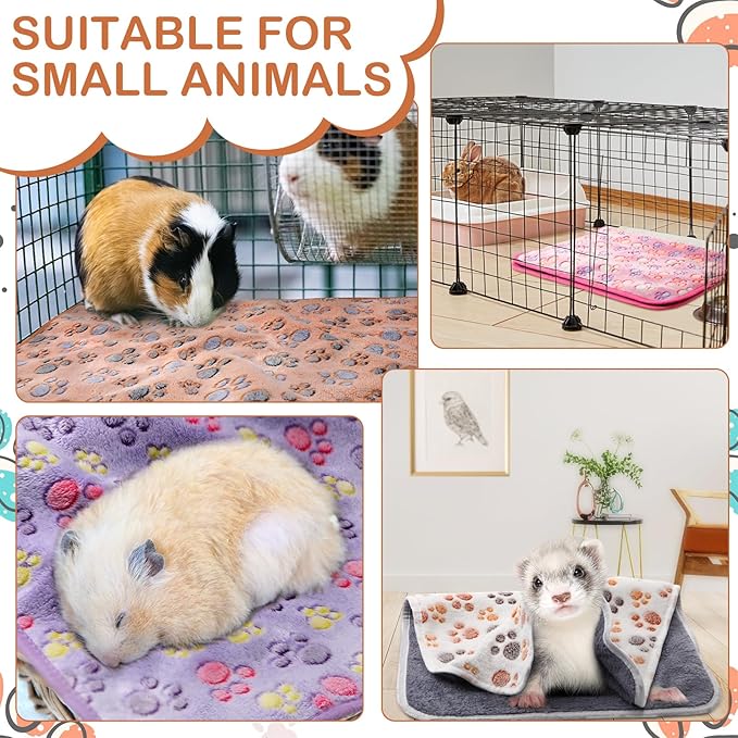 Tudomro 8 Pcs Guinea Pig Blankets Absorbent Washable Animal Fleece Bedding Cage Liners Waterproof Reusable Pet Pee Sleep Mat Pad Cover for Chinchilla Hamster Ferret(Paw,12 x 12 Inch)