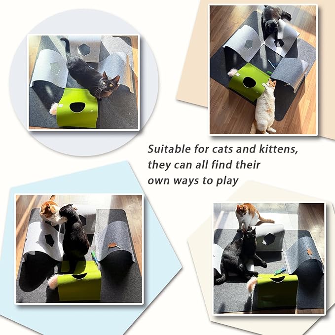 Interactive Cat Tunnel Toys for Indoor Cats,4-Way Felt Cat Tunnel Play Mat with Feathers & Bell 6 Pcs Cats Enrichment Toys Set Foldable Kittens Cave Hideout for Pet Hide & Seek (Dark Gray)