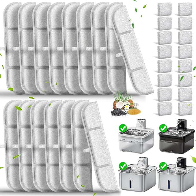Cat Water Fountain Filter, Eyehoce 32 Pack Replacement Filters for DownyPaws Battery Operated Pet Fountain 84oz/2.5L Wireless Dog Cat Water Dispenser DPWFP6 Filter Set (16 Filters & 16 Sponges)