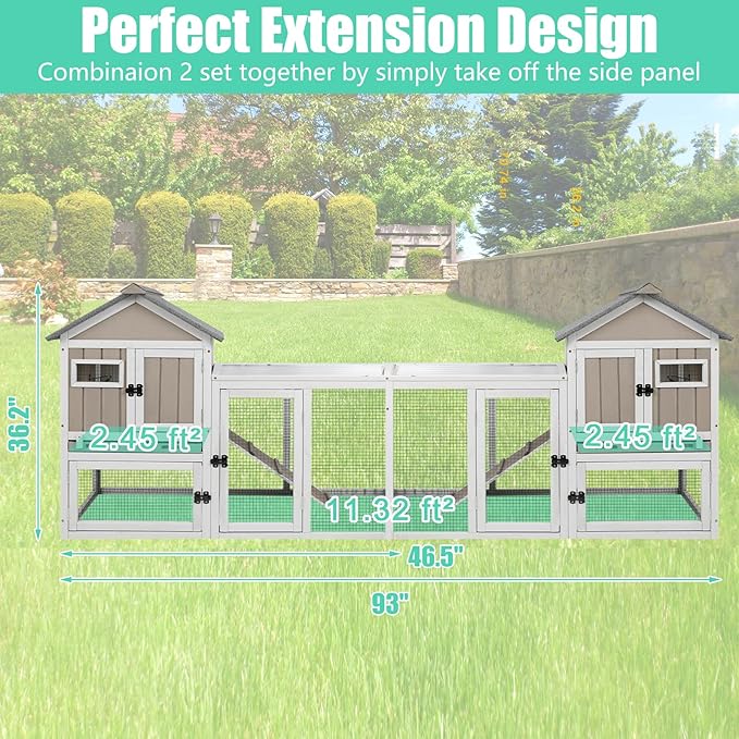 46.5" L Rabbit Hutch Indoor Outdoor Rabbit Cage with Run, Pull Out Tray, Asphalt Roof Large 2 Story Bunny Hutch Wooden Chicken Coop Guinea Pigs Pet House Cage for Small Animals,Grey