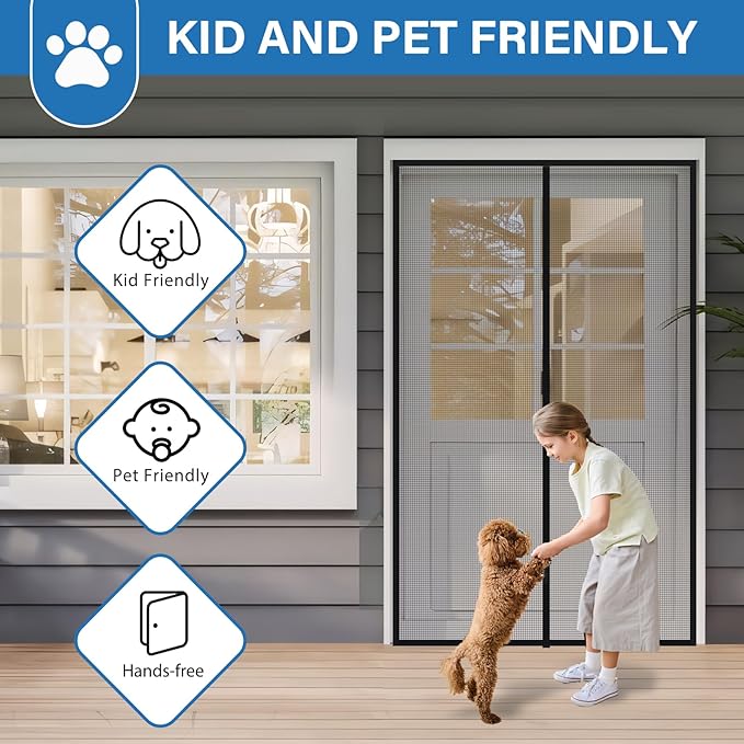 Upgraded PET Mesh Magnetic Screen Door, Stronger Than Fiberglass and Polyester, Hands Free, Keep Bugs Out, Pet & Kid Friendly, Suitable for Sliding and Patio Doors - 96" X 80"