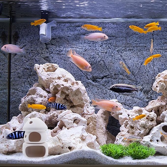 Cute Betta Fish Tank House with Cave Set, Small Mushroom Aquarium Decor Pottery Hide Habitat Hut for Betta Fish Passing or Hiding Safely(White Mushroom + Cave)