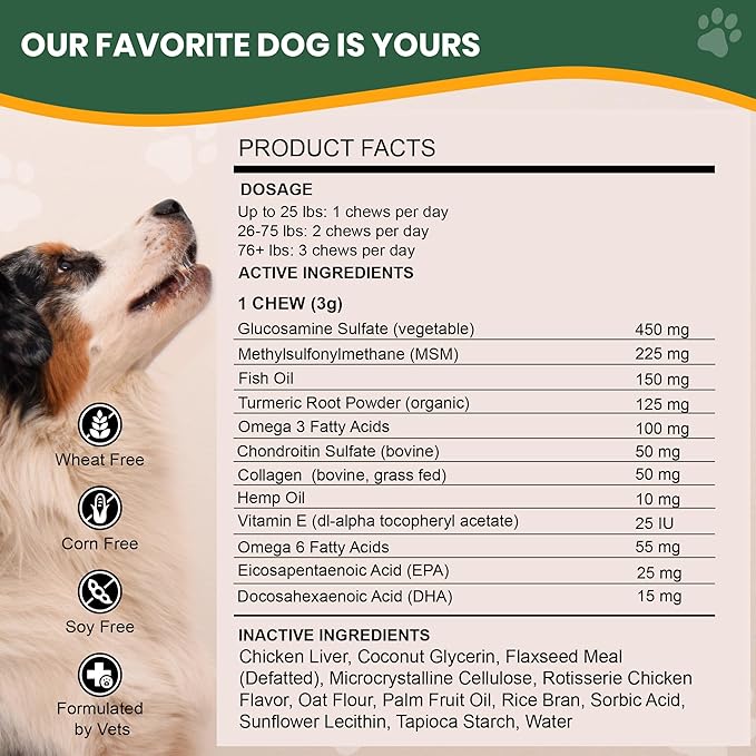 Veterinary Naturals Hemp & HIPS Joint Supplement for Dogs/Supports Relief from Hip and Joint Pain in Large, Aging Dogs (Senior Large Breed, Chicken)