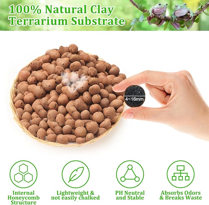 Riare 10LBS Expanded Clay Balls Terrarium Substrate for Reptiles - 100% Organic Lightweight Clay Pebbles Substrate Frogs False Bottom Substrate, Bioactive Terrarium Substrate for Drainage and Moisture