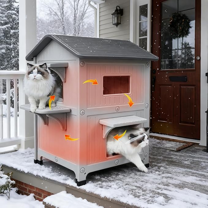 Rockever Plastic Outdoor Cat House with Soft Mat, Insulated Outdoor Cat Houses for Winter, Waterproof 2 Story Outside Cat Shelter, Clean and Assemble Easily