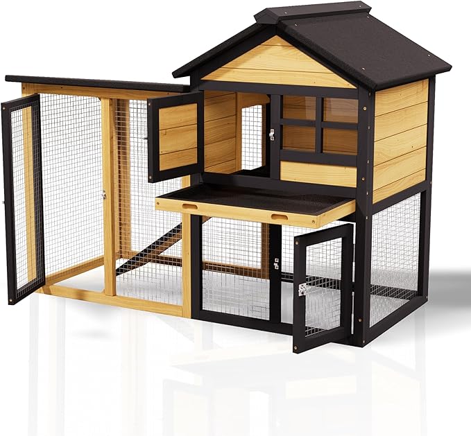 Outdoor Chicken coops for 2-4 Chickens Wooden with Waterproof Asphalt Roof, Ramp, and Multiple Doors Openable Top Pull-Out Tray Suitable for Outdoor Backyard (Yellow Black)