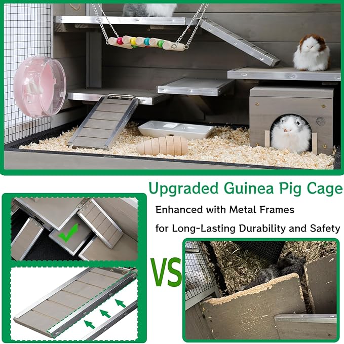 PetsCosset Guinea Pig Cages Wooden Hamster Cage Indoor with Stand and Storage Outdoor Small Animals Habitat with Metal Edges Ramps Hideout House,No Leak and Pull Out Tray, Easy Clean