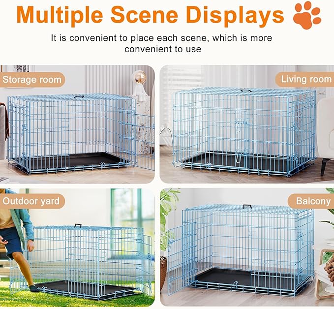 FDW Large Dog Crate 42inch Dog Cage Foldable Metal Kennel with Leakproof Tray Foldable Design Indoor Outdoor Use for Large Dogs,Blue