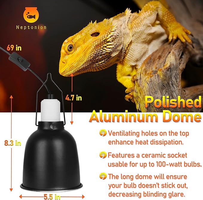 Reptile Reflector Dome Lamp Fixture, 5.5 inch Deep Polished Aluminum UVB Light Fixture for Reptile Glass Terrariums fit UVB UVA Bulb, Basking Heat Bulb, Ceramic Heat Emitter