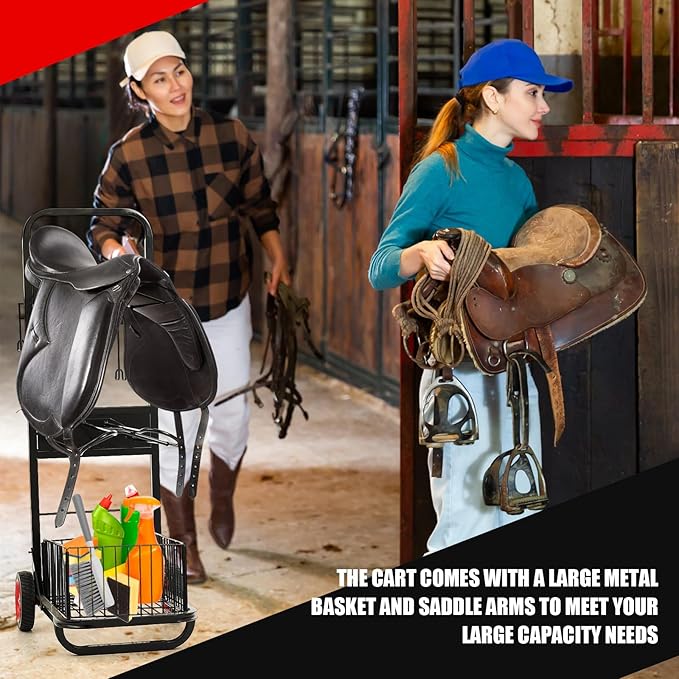 Rolling Saddle Cart with Wheel Saddle Rack Dolly Heavy Duty Horse Equipment Cart Foldable Horse Tack Cart for Storage Moving Organize Transport Supplies(Non Removable Saddle Rack)