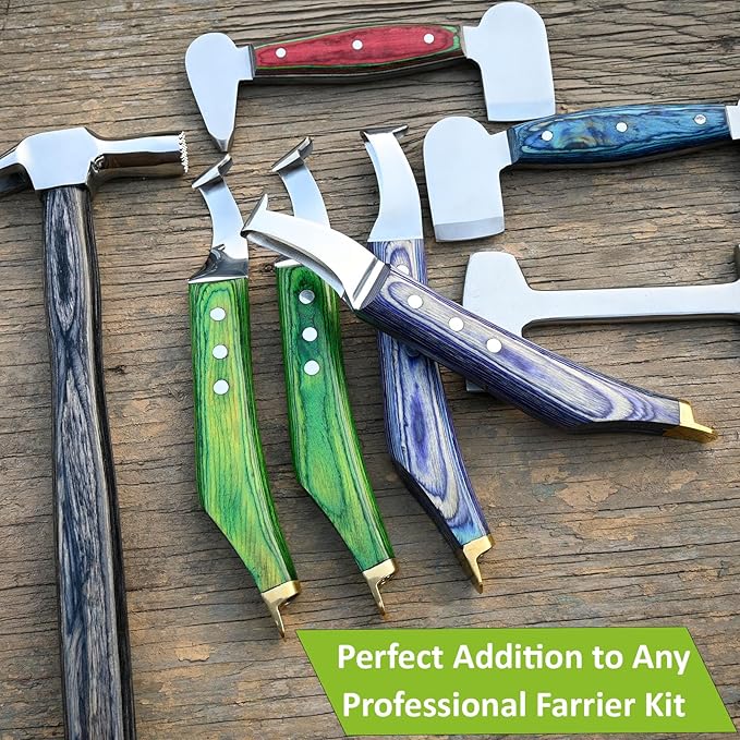 Premium Farrier Loop & Hoof Knife with Brass End – Professional Hoof Trimming Tool for Horses, Cows & Livestock, Stainless Steel Blade, Ergonomic Wood Handle (Green)