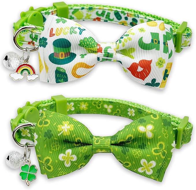 2 Pack St. Patrick Day Cat Collar with Bow Tie,Holiday Kitty Kitten Collar with Bell for Male Female Boys and Girls (Luckyclover)
