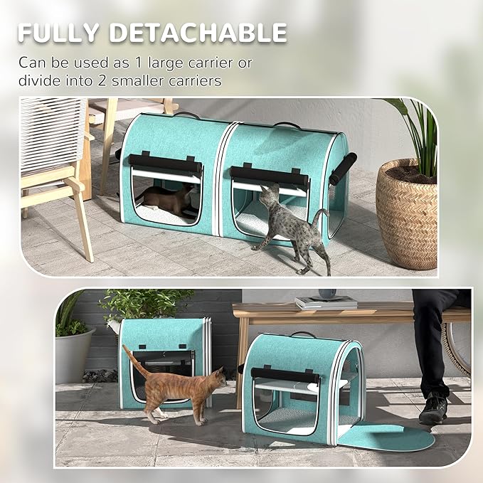 PawHut 39" Portable Soft-Sided Cat Carrier, Cat Kennel, Travel Dog Crate with Divider, Two Compartments, Soft Cushions & Storage Bag, Easy to Fold, Green
