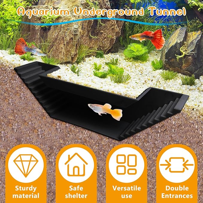 Aquarium Underground Tunnel Small Fish Cave Hideout with 2 Entrances Under Gravel Viewing Shrimp Tunnel Plastic Fish Tank Decoration (Black)