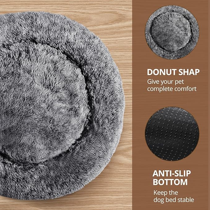 JOLLYVOGUE Large Calming Dog Bed, Anti-Anxiety Donut Cuddler Cat Bed with Anti-Slip Bottom, Fluffy Faux Fur Machine Washable Pet Cushion for Medium Large Dog & Cat, 36"/Smoke Black