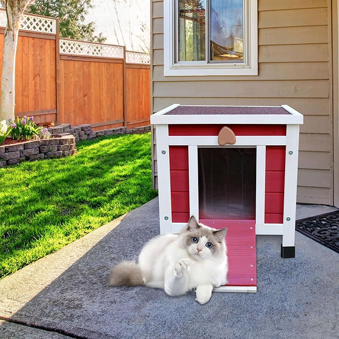Rockever Outdoor Cat House,Outdoor cat Houses for Feral Cats Weatherproof Rabbit Hutch Small, Wooden Small Pet House and Habitats-Red