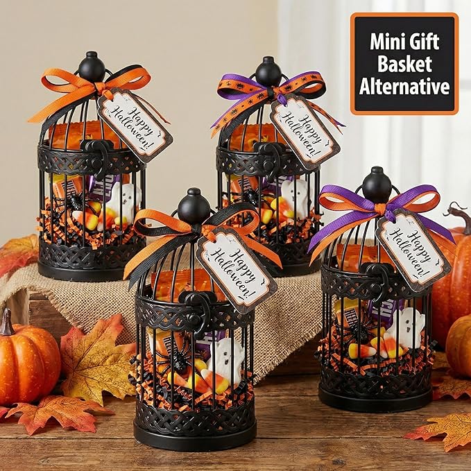 VELA LANTERNS 6" Birdcage Decor Candle Holder Lantern Decorative Table Centerpiece Halloween Decorations, Black, Small, Set of 4
