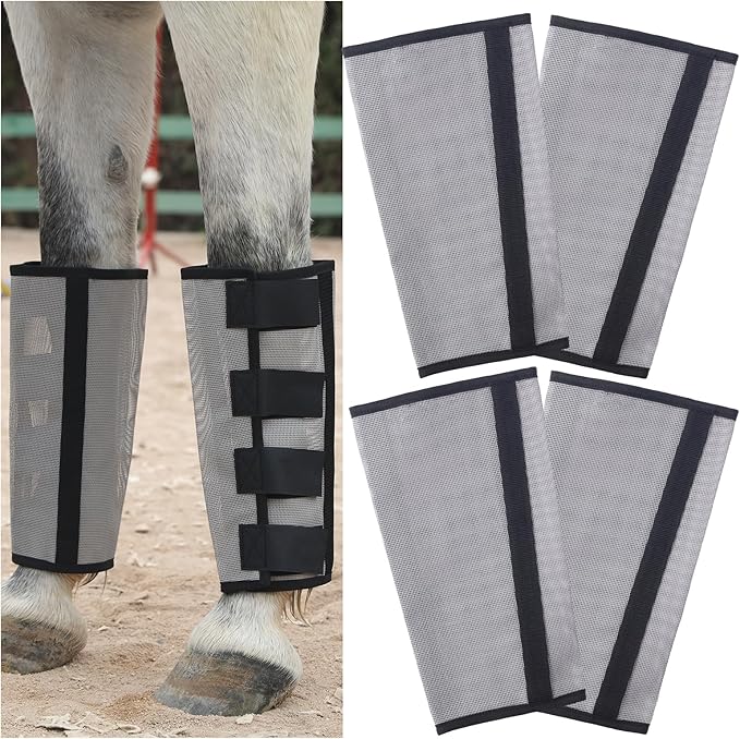 Horse Fly Boots Set of 4 - Non-Slip Leg Guards Extra Tough Mesh Ventilated, Adjustable Horse Fly Leggings Reduce Stomping & Hoof Stress & Leg Fatigue Grey Large