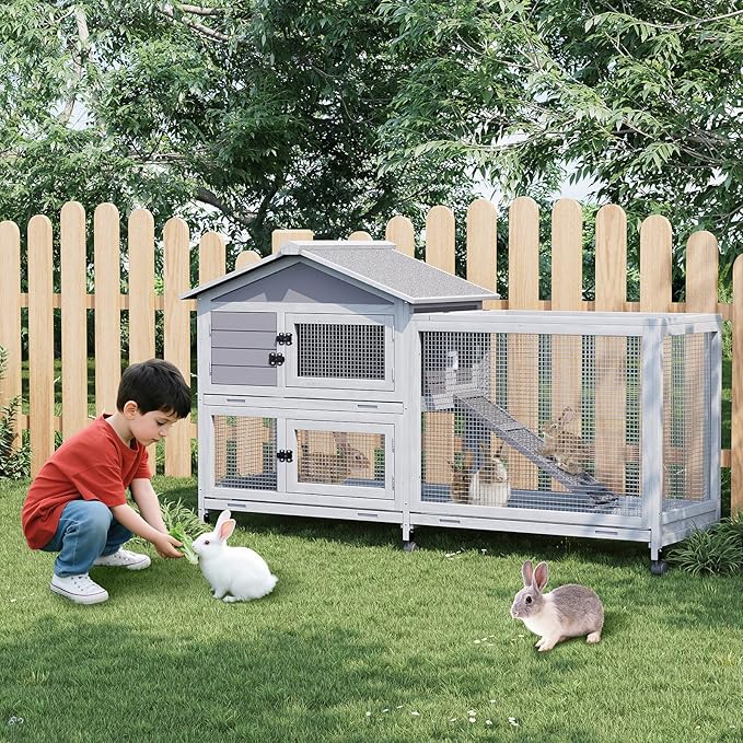 Rabbit Cage with Weatherproof Roof, Bunny Cage with 6 Lockable Caster Wheels & Pull-Out Tray, Rabbit Hutch for Indoor Outdoor Use, Grey（63.2" l x 22.4" w x 37"）