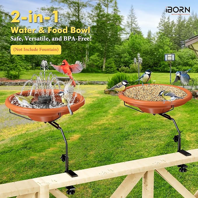 iBorn Bird Bath for Outside,Deck Mounted Bird Bath 12in，Birds Baths for Outdoors with Adjustable Clamp 3.2in，BPA-Free Bowl，360°Swivel & Adjustable Height Bracket，Detachable Birds Baths, Pack of 1