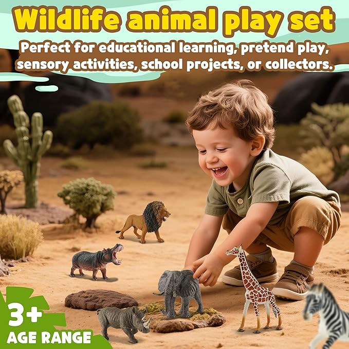 6PCS Safari Animal Figure Toys for Kids 3-5 Realistic Plastic Jungle Animal Figurines African Wildlife Learning Toys for Kids Boys Girls Toddlers