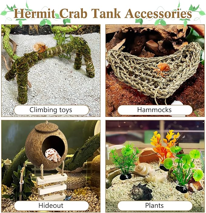 6 PCS Hermit Crab Accessories Set Large Bendable Moss Hermit Crab Climbing Toys Coconut Shell Hut with Ladder Climbing Hammock with Suction Cup Plants for Reptile Amphibian
