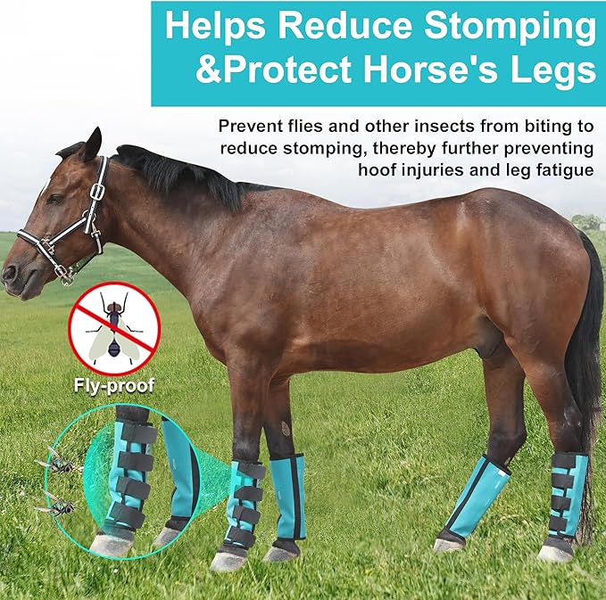Adjustable Horse Fly Boots Set of 4, Breathable Mesh Fly Boots for Horses, Equine Leg Protection Reduce Stomping, Horse Leggings Leg Guards