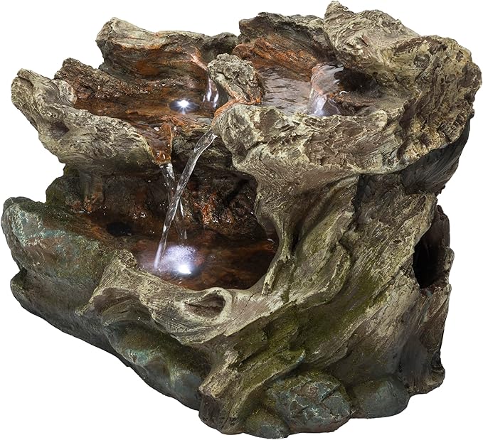 Alpine Corporation WIN1334 10" Tall Tabletop 3-Tier Waterfall Rock Fountain with LED Lights, Indoor Decorative Water Feature for Desk, Table, Office, and Home, Brown