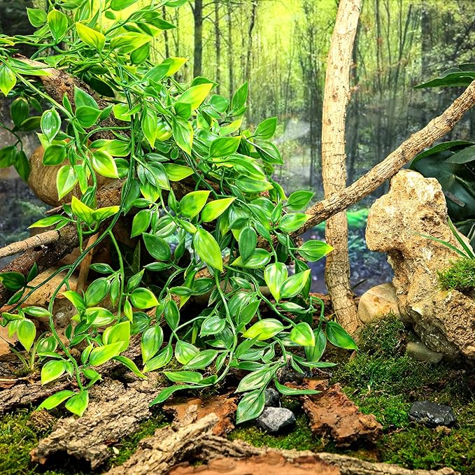 HERCOCCI Reptile Plants, 3 Pack Terrarium Hanging Plants Vines Artificial Leaves Habitat Decorations with Suction Cup for Bearded Dragon Hermit Crab Lizard Snake Geckos Chameleon