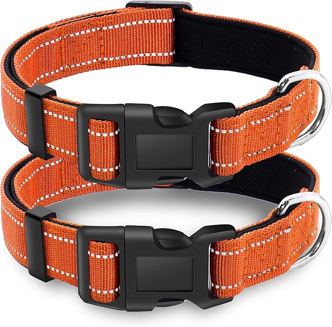2 Pack Reflective Dog Collar with Safety Locking Buckle, Adjustable Soft Breathable Comfortable Nylon Pet Collar for Small, Medium and Large Dogs, Orange, S