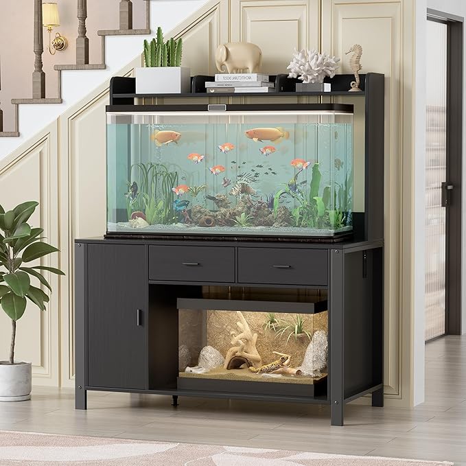 PAKASEPT 120 Gallon Reptile Tank Stand with LED Lights & Power Outlet,4x2x2 Large Reptile Terrarium Enclosure Stand with Storage Cabinet, for Bearded Dragons, Snakes, Lizards,Black
