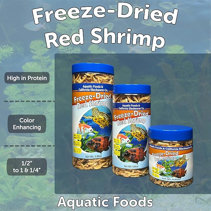 Aquatic Foods Inc. Red Shrimp, Freeze Dried 1/2" to 1 & 1/4" Floating Red River Shrimp for Cichlids, All Tropical Fish, Koi & Pond Fish, Aquatic Turtles, Reptiles, Rodents 5oz Canister