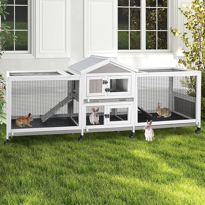 PetsCosset Double Rabbit Hutch Outdoor Indoor Large Bunny Cage with Dual Side Runs, 2-Story Wooden Hutch with 4 Leak Proof Trays, 8 Wheels, Waterproof Roof, Ramp, for Small to Medium Animals