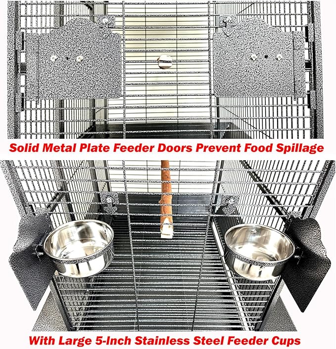 Large Deluxe Wrought Iron Bird Parrot Play Gound Perch Stand Top Climbing Ladder Metal Cage Include Seed Guard Storage Shelf Heavy Duty Lockable Rolling Wheels