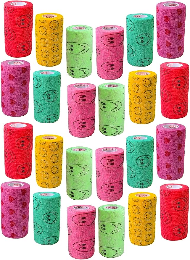 3 Inch Vet Wrap Tape Bulk (Smile Pattern in Yellow, Red, Teal, Neon Green, Neon Pink and Pink with Red Heart Pattern) (Pack of 24) Self Adhesive Adherent Adhering Flex Bandage Grip Roll Dog Cat