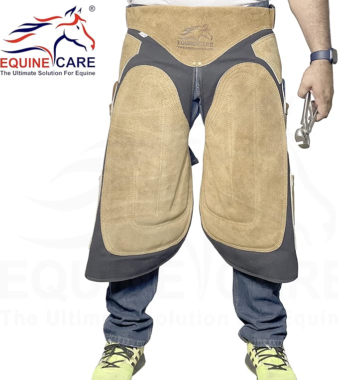 Equine Care Farrier Apron Chaps – Cowhide Suede Leather & Canvas, Adjustable Waist 28"-52" with Back Support, Tool Pockets & Nail Magnets – 23", 25", 27", 29" for Horse Shoeing (27 inches (70 cm))