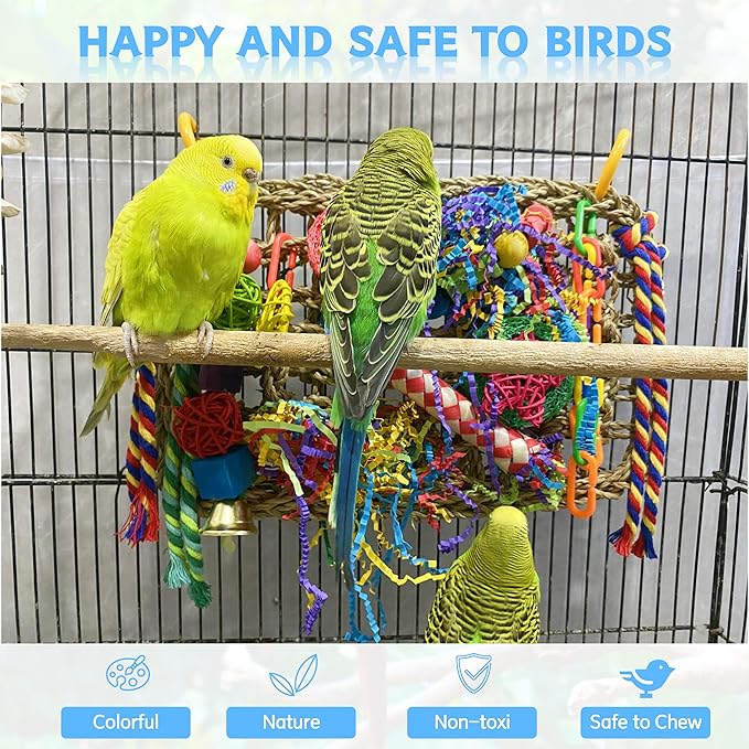 Bird Toys, Large Size Parrot Toy, Parakeet Toys for Bird Foraging Conure Hammock Swing,Grass Mat with Colorful and Various Chew Toys for Climb, Shredder, for Cockatiel, Lovebird(Large)