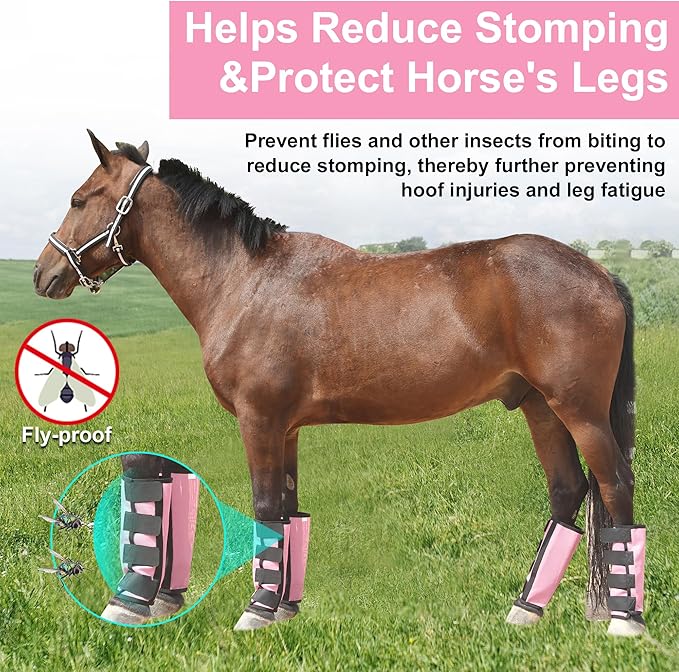 Adjustable Horse Fly Boots Set of 4, Breathable Mesh Fly Boots for Horses, Equine Leg Protection Reduce Stomping, Horse Leggings Leg Guards