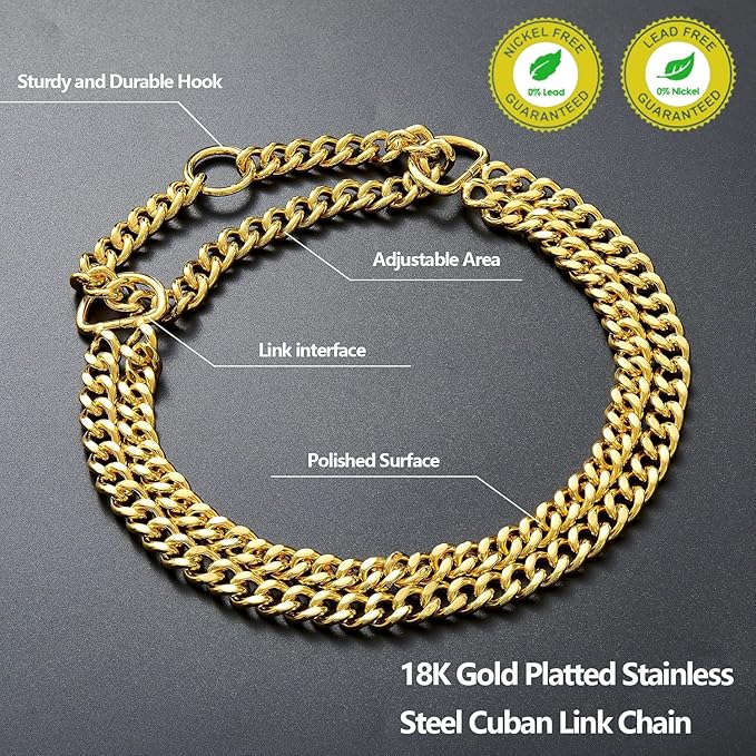 Stainless Steel 18K Gold Dog Chain Collar - Adjustable, Chew Proof, Double Row Cuban Link for Large, Small, Medium Dogs