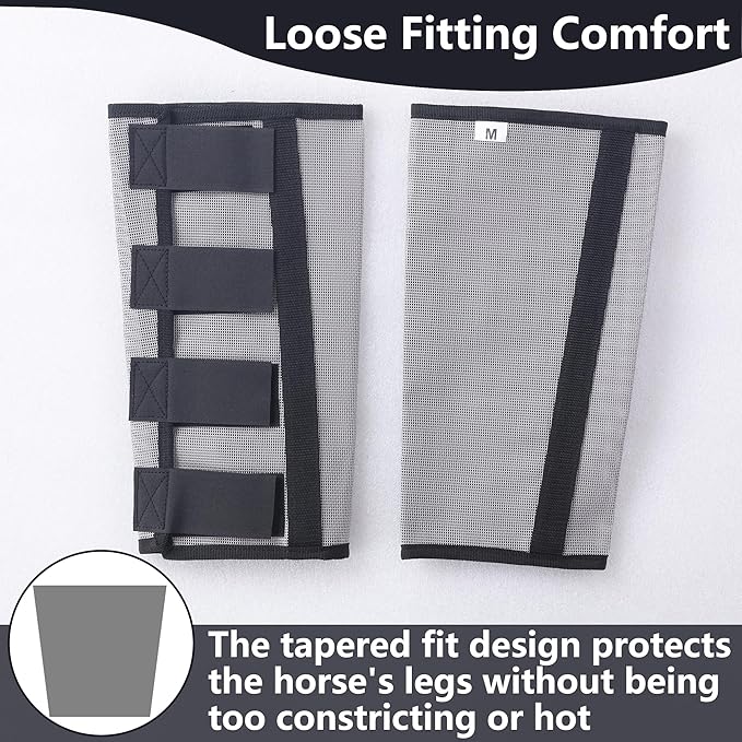 Horse Fly Boots Set of 4 - Non-Slip Leg Guards Extra Tough Mesh Ventilated, Adjustable Horse Fly Leggings Reduce Stomping & Hoof Stress & Leg Fatigue Grey Large