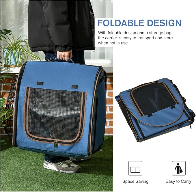 PawHut 39" Portable Soft-Sided Cat Carrier, Cat Kennel, Travel Dog Crate with Divider, Two Compartments, Soft Cushions & Storage Bag, Easy to Fold, Blue