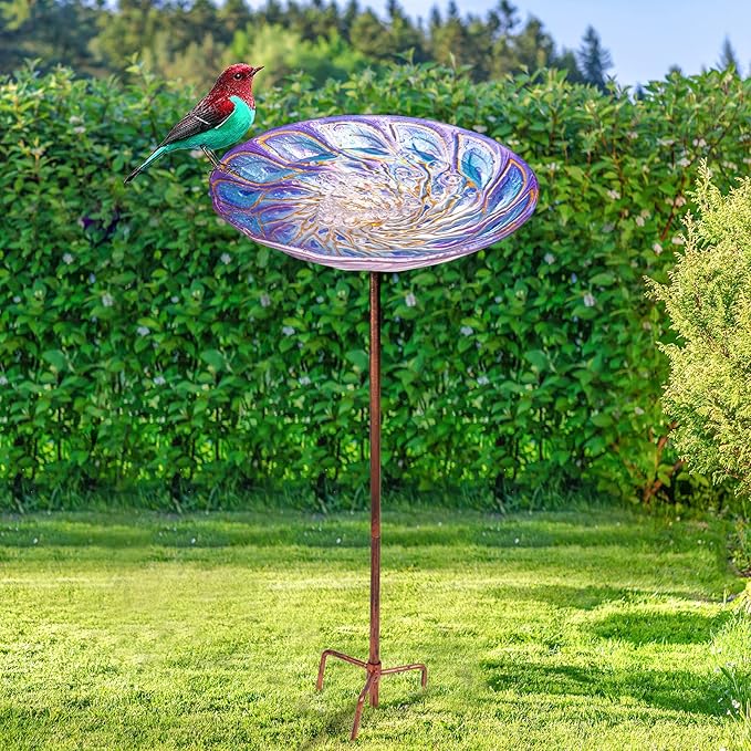 VCUTEKA Glass Bird Bath Outdoor BirdBath Garden Bird Feeder with Metal Stake