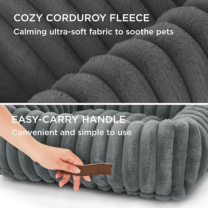 Bedsure Cute Dog Bed for Small Medium Dogs - Washable Furry Puppy Beds, Rectangle Orthopedic Corduroy Fleece Pet Beds with Removable Zipper Cover, 25x21x7inches, Warm Grey